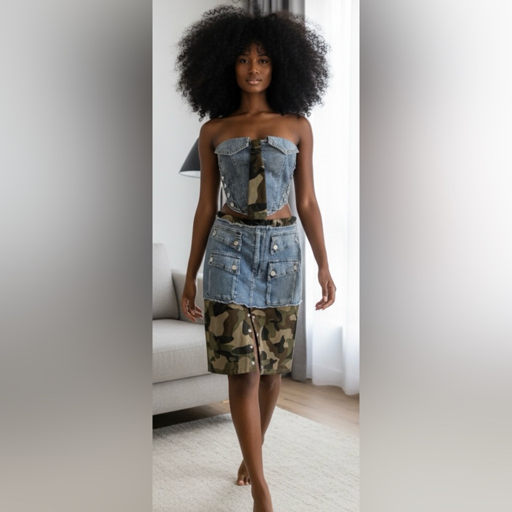 Upcycled Camouflage and Denim Skirt set size L - Picture 2 of 7